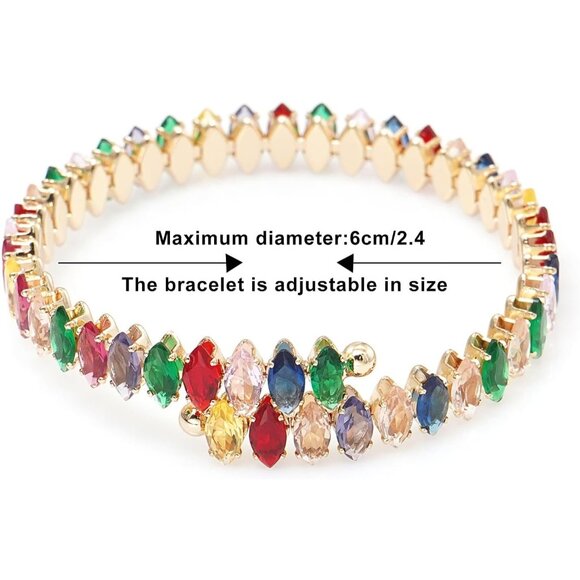 Gold Colorful Rhinestone Cuff Bracelet Cubic Zirconia Tennis Bracelets for Women - Picture 7 of 7